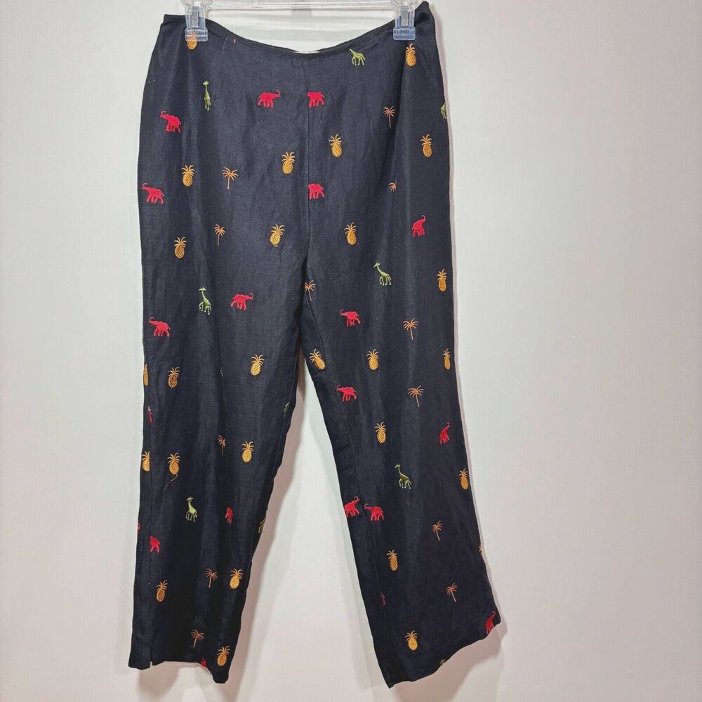 VTG Silk Linen Black Embroidered Pants Women 8 Elephants Pineapple Safari Whimsy
